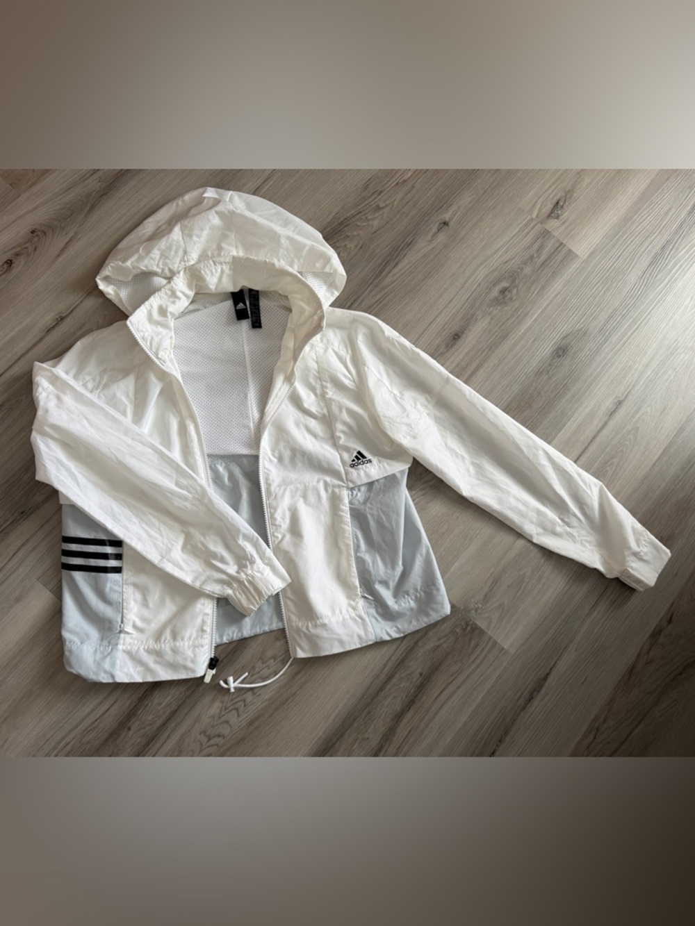 adidas White Hooded Breathable Jacket with Black Logo Tags